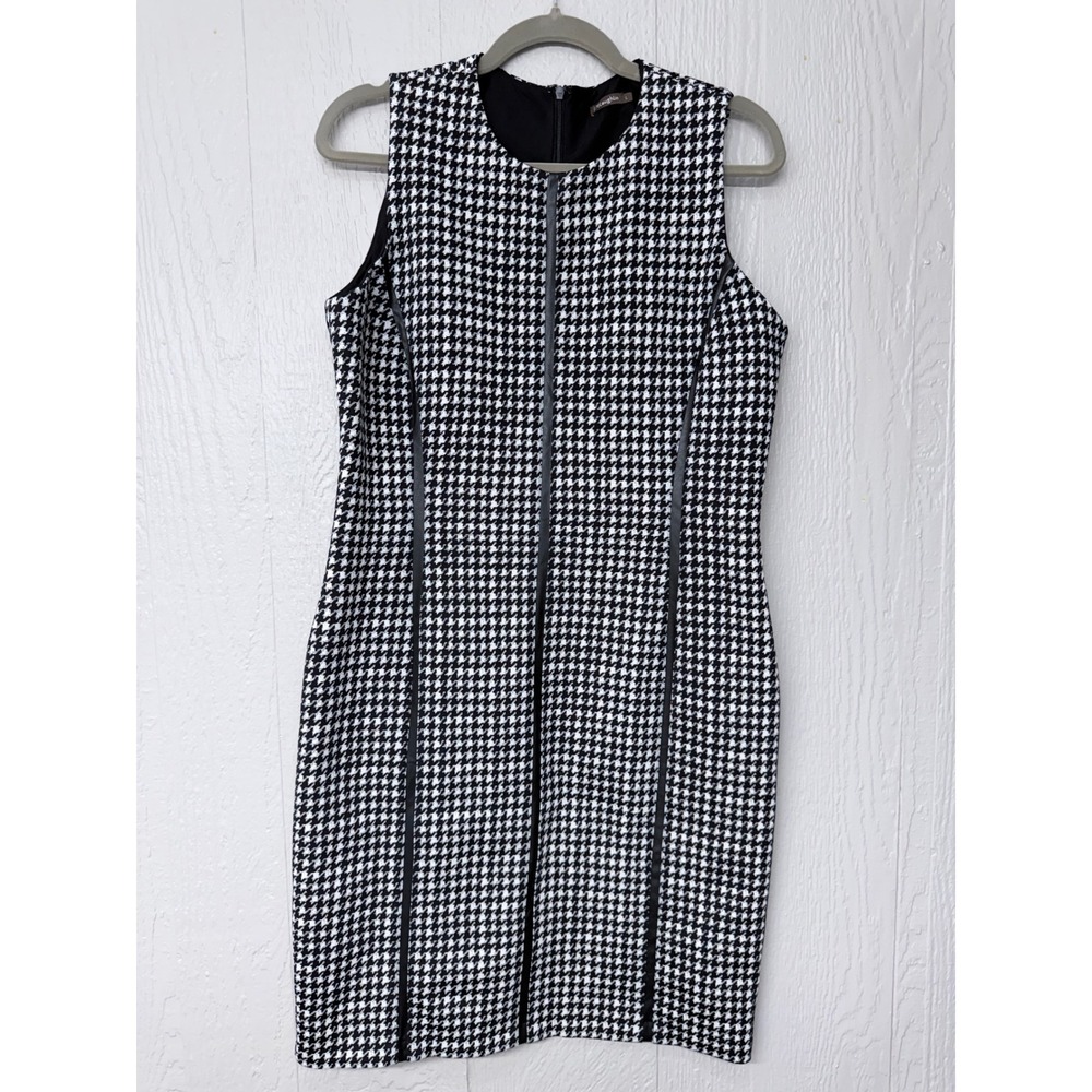 J.McLaughlin Houndstooth Sheath Dress Women Large Black White Vegan Leather Trim